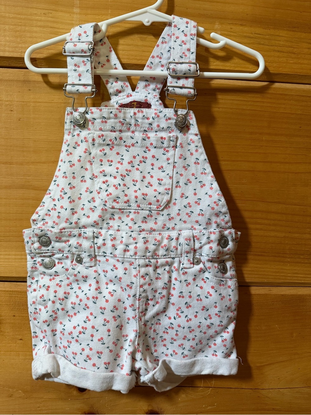 7 For All Mankind White Short Overalls with Red Cherry Print